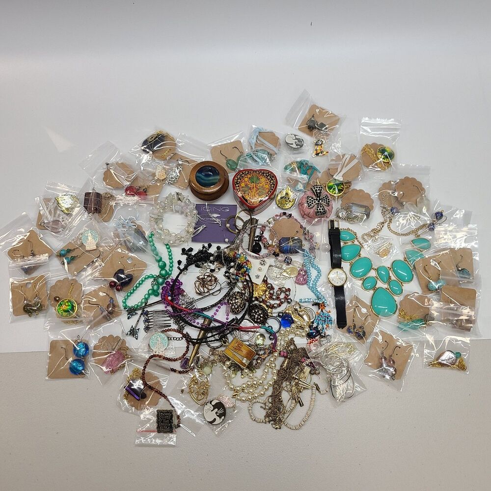 Huge Mixed Jewelry Lot: Vintage Timex Watch, Pins, Costume & Handmade Gems